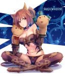  1girl animal_ears armor armored_boots bangs bare_shoulders bikini_armor black_legwear black_panties boots breasts card cerberus_(shingeki_no_bahamut) cleavage collarbone copyright_name dog_ears eyebrows eyebrows_visible_through_hair full_body granblue_fantasy hair_between_eyes hand_puppet highres indian_style light_particles long_hair medium_breasts navel panties pecolondon puppet red_eyes redhead shadowverse shingeki_no_bahamut sitting solo splatter stomach sweat thigh-highs twintails underwear vambraces 