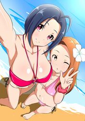  2girls ahoge arm_up armpits barefoot beach bikini blue_hair breasts brown_eyes brown_hair feet foreshortening from_above hair_flower hair_ornament highres idolmaster jabara_tornado large_breasts long_hair looking_at_viewer medium_breasts minase_iori miura_azusa multiple_girls nail_polish navel o-ring_bikini one_eye_closed outdoors perspective pink_bikini red_bikini red_eyes sand self_shot shiny shiny_skin short_hair side-tie_bikini smile standing swimsuit thighs toes v violet_eyes water wink 