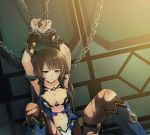  1girl bdsm bound bound_wrists breasts brown_hair c-sha chains choker choujigen_game_neptune cleavage game_cg hands_above_head highres long_hair navel neptune_(series) pantyhose solo tied_up torn_clothes torn_pantyhose tsunako 