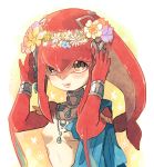 1girl :d arms_up blush bracer breasts choker fins fish_girl flower hair_ornament head_wreath jewelry kinako_(462) looking_up mipha monster_girl necklace open_mouth orange_eyes small_breasts smile solo tareme teeth the_legend_of_zelda the_legend_of_zelda:_breath_of_the_wild upper_body zora 