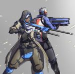  1boy 1girl ana_(overwatch) belt_pouch boots braid brown_eyes character_name clothes_writing coat covered_mouth cowboy_shot dark_skin energy_gun eyepatch facial_mark facial_tattoo gloves gun headband hijab holding holding_gun holding_weapon holster hood jacket knee_boots mask old_woman overwatch pants red_gloves rifle scope short_hair sniper_rifle soldier:_76_(overwatch) tattoo thigh_holster thigh_strap visor weapon white_hair 