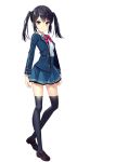  1girl black_hair bow bowtie eyebrows eyebrows_visible_through_hair full_body loafers looking_at_viewer matsui_hiroaki school_uniform shoes simple_background skindentation skirt smile solo standing suzukura_rin thigh-highs transparent_background twintails yellow_eyes zettai_ryouiki 