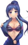  1girl bikini bikini_under_clothes blue_hair blush breasts cleavage highres long_hair looking_at_viewer love_live! love_live!_sunshine!! matsuura_kanan motokonut navel ponytail simple_background solo striped striped_bikini swimsuit swimsuit_under_clothes violet_eyes wet wet_clothes 