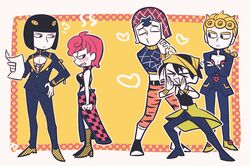  &gt;_&lt; black_hair blonde_hair blue_eyes blush bob_cut bra braid bruno_buccellati checkered checkered_skirt choker clenched_hands closed_eyes crop_top crossed_arms giorno_giovanna guido_mista hair_ornament hairband hairclip haku_le hand_on_hip hands_clasped hat heart jojo_no_kimyou_na_bouken ladybug narancia_ghirga open_mouth pink_hair puckered_lips single_braid skirt steam strap tiger_print trish_una turtleneck underwear zipper 