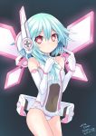  1girl bare_shoulders blue_hair choujigen_game_neptune elbow_gloves gloves highres long_hair looking_at_viewer neptune_(series) power_symbol purerin red_eyes rom_(choujigen_game_neptune) solo symbol-shaped_pupils white_sister_rom wings 