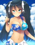  1girl :q asymmetrical_bikini bare_shoulders bikini bikini_skirt black_hair blue_bikini blue_eyes blue_sky breasts cleavage clouds collarbone day floral_print food hair_ribbon highres holding ice_cream isuzu_(kantai_collection) kantai_collection kiyomin large_breasts long_hair looking_at_viewer navel ribbon single_strap sky solo spoon stomach swimsuit tongue tongue_out tsurime twintails upper_body very_long_hair white_ribbon 