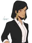  1girl artist_name belt black_hair black_jacket braid brown_eyes buckle dress_shirt eye_of_horus facial_mark facial_tattoo hair_tubes jacket long_sleeves looking_at_viewer nagisa_(12363) open_clothes open_jacket overwatch pharah_(overwatch) shirt short_hair side_braids sidelocks simple_background smile solo tattoo upper_body white_shirt wing_collar 