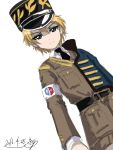  1girl armband asparagus_(girls_und_panzer) belt blonde_hair blue_eyes brown_jacket bukkuri emblem fourragere girls_und_panzer girls_und_panzer_ribbon_no_musha jacket_over_shoulder kepi looking_at_viewer necktie short_hair 