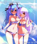  2girls ;d bikini blue_eyes blue_hair blush breasts character_name flower flying_sweatdrops food hair_flower hair_ornament highres ice_cream large_breasts lavender_hair long_hair looking_at_viewer multiple_girls one_eye_closed open_mouth original raised_eyebrow red_eyes smile sweatdrop swimsuit tandozzing two_side_up uss_kidd_(dd-661) uss_north_carolina_(bb-55) very_long_hair zhan_jian_shao_nyu 