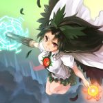  1girl arm_cannon black_feathers black_hair black_wings bow breasts cape feathers flying green_skirt grin hair_bow highres legs_up light_trail long_hair looking_at_viewer nuqura powering_up red_eyes reiuji_utsuho shirt short_sleeves skirt smile solo thighs third_eye touhou tsurime weapon white_shirt wings 