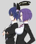  2girls bangs black_gloves blouse breasts cardigan crossed_arms dress_shirt eyepatch from_side gloves grey_background hand_on_hip headgear kantai_collection large_breasts mechanical_halo multiple_girls necktie nesume parted_bangs partly_fingerless_gloves profile purple_hair ribbon shirt short_hair sidelocks simple_background sleeves_rolled_up smile sweater tatsuta_(kantai_collection) tenryuu_(kantai_collection) underbust upper_body violet_eyes white_blouse white_shirt wing_collar 