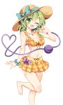  \m/ barefoot bikini eyeball frilled_bikini frills green_eyes green_hair hat hat_ribbon heart heart-shaped_pupils heart_of_string highres komeiji_koishi maturiuta_sorato one_eye_closed open_mouth ribbon simple_background smile swimsuit symbol-shaped_pupils third_eye touhou 