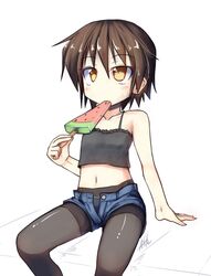  1girl alternate_costume black_legwear brown_eyes brown_hair food fruit ichidai_taisa kantai_collection midriff panties panties_under_pantyhose pantyhose popsicle short_hair shorts solo underwear wakaba_(kantai_collection) watermelon white_panties 