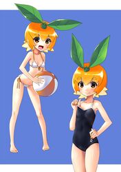  1girl :d ball barefoot beachball bikini blush breasts brown_eyes eyebrows food front-tie_bikini front-tie_top fruit katahira_masashi leaf looking_at_viewer mandarin_orange nail_polish one-piece_swimsuit open_mouth orange_hair orange_nails original personification short_hair side-tie_bikini small_breasts smile solo swimsuit white_bikini 