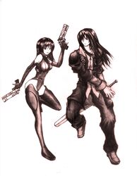  1boy 1girl absurdres arm_up behind_back boots breasts dazzle_(shinkonryu) dual_wielding full_body gun handgun highres leotard long_hair looking_at_viewer medium_breasts monochrome one_leg_raised original pistol running sheath sheathed simple_background sword thigh-highs thigh_boots weapon white_background 