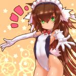  :3 bella_(sennen_sensou_aigis) bow bowtie breasts brown_hair elbow_gloves gloves green_eyes highres leotard long_hair maid_headdress orange_background outstretched_arms sennen_sensou_aigis small_breasts spread_arms star starry_background tsukigami_chronica very_long_hair 