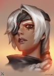  1girl ana_(overwatch) braid brown_eyes brown_lipstick dark_skin eyelashes eyepatch facial_mark facial_tattoo headband lips lipstick long_hair looking_at_viewer makeup mascara nose old_woman overwatch parted_lips portrait signature single_braid solo tattoo teeth white_hair xiaoguimist younger 