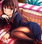  1girl brown_eyes brown_hair brown_shoes couch higa indoors long_hair looking_at_viewer lying miniskirt on_couch on_side pantyhose pillow plant school_uniform shoes skirt smile solo tashimu 