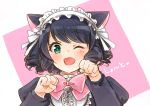  1girl ;d animal_ears bell black_hair bow cat_ears cyan_(show_by_rock!!) green_eyes ichigokono maid_headdress one_eye_closed open_mouth paw_pose puffy_sleeves show_by_rock!! smile upper_body 