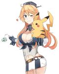  10s 1girl blonde_hair blue_eyes breasts cleavage commentary_request fingerless_gloves garter_straps gloves ido_(teketeke) iowa_(kantai_collection) kantai_collection large_breasts long_hair looking_at_viewer miniskirt one_eye_closed pikachu poke_ball pokemon pokemon_(creature) pokemon_go simple_background skirt star star-shaped_pupils symbol-shaped_pupils thunder_stone white_background 