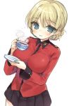  1girl blonde_hair blue_eyes blush braid breasts cup darjeeling girls_und_panzer hym9594 large_breasts looking_at_viewer military_jacket open_mouth plate pleated_skirt saucer simple_background sketch skirt smile solo steam teacup uniform white_background 