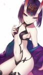  1girl 2016 akaitera bob_cut breasts dated fate/grand_order fate_(series) horns japanese_clothes kimono navel oni oni_horns pale_skin purple_hair short_hair shuten_douji_(fate/grand_order) simple_background smile solo violet_eyes white_background 