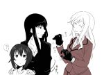  3girls ? ^_^ black_gloves black_hair black_jacket closed_eyes coat collarbone female girls_und_panzer gloves grabbing hands_on_another&#039;s_shoulders jacket long_hair long_sleeves mimuni362 monochrome motion_lines multiple_girls nishizumi_maho nishizumi_shiho red_coat red_skirt shimada_chiyo shirt short_hair skirt smile spoken_question_mark spot_color sweat t-shirt translation_request white_background white_shirt 