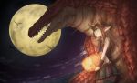  bare_shoulders brown_hair clouds dragon dutch_angle fantasy flying highres horns long_hair moon original pleated_skirt pointy_ears pumpkin raikou_(gotaishu) scales skirt sky star_(sky) starry_sky teeth 