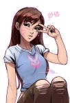  1girl breasts brown_eyes brown_hair casual d.va_(overwatch) denim earrings eyeshadow jeans jewelry lips long_hair makeup mike_nesbitt nail_polish overwatch pants shirt signature small_breasts solo t-shirt torn_clothes torn_jeans v_over_eye whisker_markings 