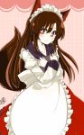  1girl alternate_costume animal_ears apron azumaya_toushirou blood blush brown_hair dress enmaided hat highres imaizumi_kagerou long_hair looking_at_viewer maid maid_headdress nosebleed red_eyes solo tail touhou tray wolf_ears wolf_tail yakumo_ran 