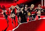  3boys 4girls atlus cat kitagawa_yuusuke kurusu_akira looking_at_viewer morgana_(persona_5) multiple_boys multiple_girls niijima_makoto niishima_makoto official_art okumura_haru persona persona_5 protagonist_(persona_5) red_eyes sakamoto_ryuuji sakura_futaba soejima_shigenori takamaki_ann walking 