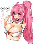  1girl 2boys ahoge blush breasts character_request cleavage headphones highres kirome_(kamipaper) large_breasts long_hair looking_at_viewer multiple_boys open_mouth pink_eyes pink_hair ponytail rasis sound_voltex translation_request upper_body very_long_hair 