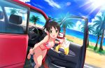  1girl :d artist_request barefoot beach bikini black_hair breasts car car_interior cleavage clothes_writing denim denim_shorts english green_eyes ground_vehicle hair_ornament hair_scrunchie harada_miyo idolmaster idolmaster_cinderella_girls idolmaster_cinderella_girls_starlight_stage motor_vehicle official_art open_mouth raglan_sleeves scrunchie shirt_removed short_hair short_ponytail shorts shorts_around_one_leg smile solo star star_print striped striped_bikini striped_swimsuit swimsuit undressing vehicle 