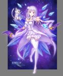  1girl absurdres blue_eyes breasts cat character_name cleavage emilia_(re:zero) flower hair_flower hair_ornament hair_ribbon highres ice long_hair looking_at_viewer ltt_challenger medium_breasts one_eye_closed open_mouth pack_(re:zero) pleated_skirt purple_ribbon re:zero_kara_hajimeru_isekai_seikatsu ribbon silver_hair skirt solo thigh-highs violet_eyes white_flower white_legwear white_skirt 