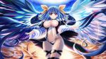  1girl angel_wings black_legwear black_wings blue_hair breasts curvy detached_sleeves dizzy female guilty_gear highres large_breasts long_hair looking_at_viewer outdoors panties red_eyes shiny shiny_skin skirt skirt_flip sky solo standing tail thigh-highs tongari twintails under_boob underwear white_wings wings 