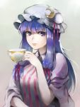  1girl bangs crescent crescent_hair_ornament cup dress expressionless hair_ornament hair_ribbon hat highres holding holding_cup kukkuru lips long_hair looking_at_viewer mob_cap patchouli_knowledge purple_hair red_ribbon ribbon sidelocks solo striped striped_dress teacup touhou tress_ribbon upper_body vertical_stripes violet_eyes 