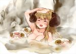  1girl ^_^ anila_(granblue_fantasy) animal ao_(aocooler) bangs blonde_hair blush breasts closed_eyes collarbone doraf eyebrows eyebrows_visible_through_hair granblue_fantasy horns large_breasts long_hair onsen partially_submerged sheep sheep_horns short_eyebrows solo steam thick_eyebrows towel towel_on_head water wavy_hair wet 