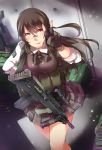  1girl assault_rifle ayyh blush brown_hair from_above glasses gloves gun highres long_hair pleated_skirt red_eyes rifle rimless_glasses rimlessglasses school_uniform scope shell_casing skirt solo v walking weapon wind 