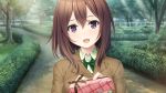  1girl blush breasts brown_hair futaba_yuiri game_cg gift happy highres hitsuji_takako holding lip_kiss looking_at_viewer mikoto_akemi open_mouth original outdoors short_hair small_breasts smile solo standing trees unasaka_ryou upper_body violet_eyes 