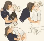  2girls blonde_hair braid brown_hair closed_eyes eye_of_horus facial_mark facial_tattoo finger_licking finger_to_mouth guri_gom hair_ornament hair_tie hair_tubes hug kiss licking mercy_(overwatch) multiple_girls overwatch pharah_(overwatch) shirt short_sleeves side_braid simple_background tattoo upper_body yuri 