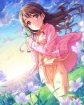  1girl alternate_hairstyle artist_request brown_eyes brown_hair building clouds cloudy_sky field flower flower_field hair_ornament hairclip houses idolmaster idolmaster_cinderella_girls long_hair official_art pajamas shimamura_uzuki sky smile solo tears wind 