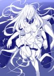  1girl bangs barefoot breasts character_request collar dress female floating_hair gradient gradient_background highres impossible_clothes impossible_dress kantai_collection long_hair medium_breasts monochrome niwatazumi purple_background shinkaisei-kan short_dress sketch sleeveless sleeveless_dress solo submarine_hime underwater white_dress yellow_eyes 