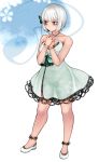  1girl alternate_costume aoshima bangs bare_arms bare_shoulders blue_eyes blush bob_cut butterfly_hair_ornament collarbone dress frown full_body green_dress hair_ornament halterneck hands_on_own_chest hands_together highres konpaku_youmu konpaku_youmu_(ghost) lace lace-trimmed_dress legs_apart lipstick looking_away looking_to_the_side makeup no_socks own_hands_together see-through shoes short_hair silver_hair sleeveless sleeveless_dress solo standing touhou white_shoes 