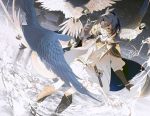  1boy bird blue_hair boots cape dutch_angle feathers hair_feathers loyalists male_focus parrot personification shorts solo taikogane_sadamune torii touken_ranbu yellow_eyes 