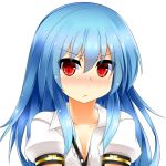  &gt;:/ 1girl :/ blue_hair blush breasts cleavage collarbone hinanawi_tenshi long_hair looking_at_viewer no_hat nose_blush popped_collar puffy_short_sleeves puffy_sleeves red_eyes short_sleeves small_breasts solo touhou unbuttoned upper_body us2s very_long_hair 
