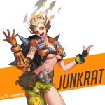  1girl arm_tattoo artist_name bag bare_shoulders belt belt_pouch black_gloves blonde_hair bracer breasts buckle canteen character_name collarbone cowboy_shot explosive fiery_hair fingerless_gloves fire genderswap genderswap_(mtf) gloves green_shorts grenade hands_up harness highres junkrat_(overwatch) looking_at_viewer mechanical_arm mechanical_hand medium_breasts messy_hair open_mouth orange_eyes overwatch shirtless short_hair shorts single_glove skull_and_crossbones smoke solo spikes standing stomach strap tattoo teeth tire tongue tongue_out topless twitter_username under_boob 