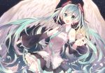  1girl :d aqua_eyes aqua_hair feathered_wings hatsune_miku long_hair necktie open_mouth skirt smile solo star thigh-highs twintails very_long_hair vocaloid white_wings wings yoishi_(fuchi39) 