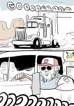  10s 1boy 2koma america beard comic driving facial_hair glasses ground_vehicle kasumi_(pokemon) male_focus mo_(kireinamo) motor_vehicle outdoors partially_colored pikachu pokemon pokemon_(game) pokemon_go silent_comic sky solo sunglasses tattoo thought_bubble truck trucker 