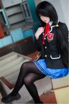  1girl black_hair black_legwear cosplay date_a_live legs_crossed pantyhose photo red_eyes school_uniform sitting skirt tokisaki_kurumi twintails 