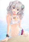  1girl bikini blue_eyes breasts flower groin hair_flower hair_ornament highres jewelry kantai_collection kashima_(kantai_collection) long_hair namiki_system necklace open_mouth pool silver_hair solo swimsuit twintails wavy_hair wristband 